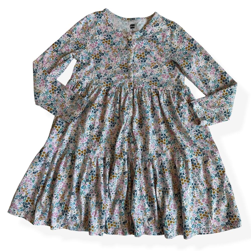 Tea Collection Floral Tiered Henley Long Sleeve Cotton Dress Girls 8